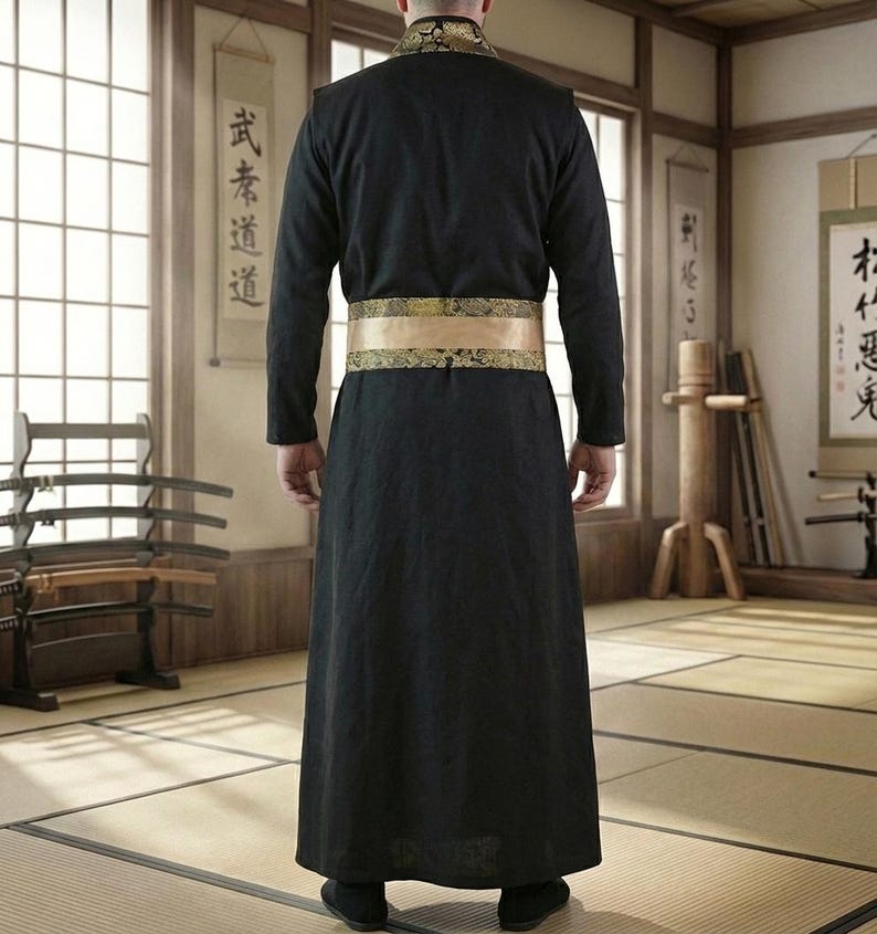 Sword Robe Black Gold Mens Hanfu Samurai Kimono Cosplay Costume Martial Arts Robe ...