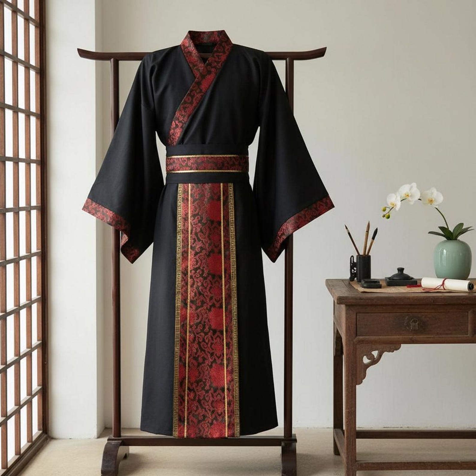 Black & Red Men's Hanfu Kimono Robe - Traditional Samurai Cosplay ...