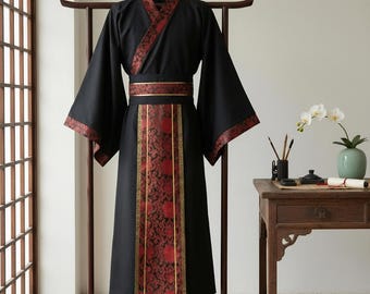 Peignoir kimono Hanfu noir et rouge pour homme - Costume cosplay de samouraï traditionnel