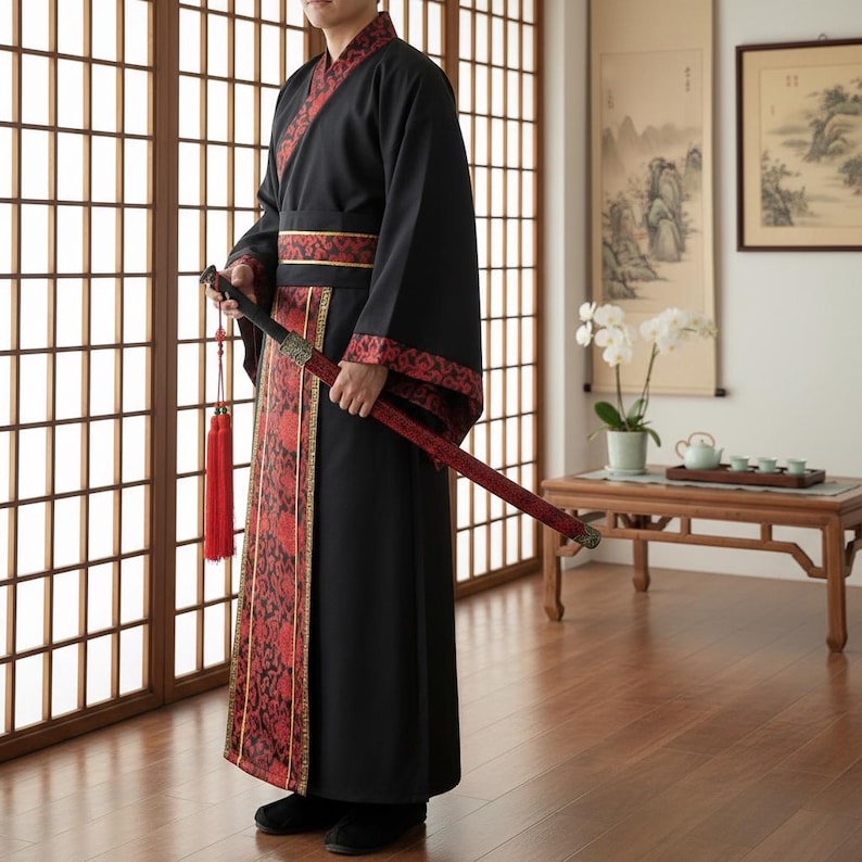 Black & Red Men's Hanfu Kimono Robe - Traditional Samurai Cosplay ...