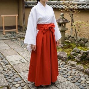 Puede incluir: Un atuendo tradicional japonés hakama. El conjunto presenta una parte superior de kimono blanco con mangas anchas, combinada con una falda hakama roja vibrante. Un cinturón obi rojo a juego con un gran lazo acentúa la cintura. El atuendo se usa al aire libre.