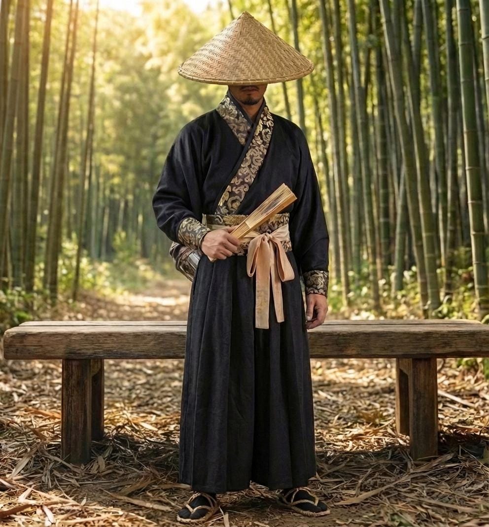 Black Gold Mens Hanfu Samurai Kimono Cosplay Costume Martial Arts Robe ...