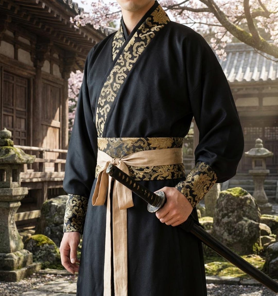 Black Gold Mens Hanfu Samurai Kimono Cosplay Costume Martial Arts Robe ...