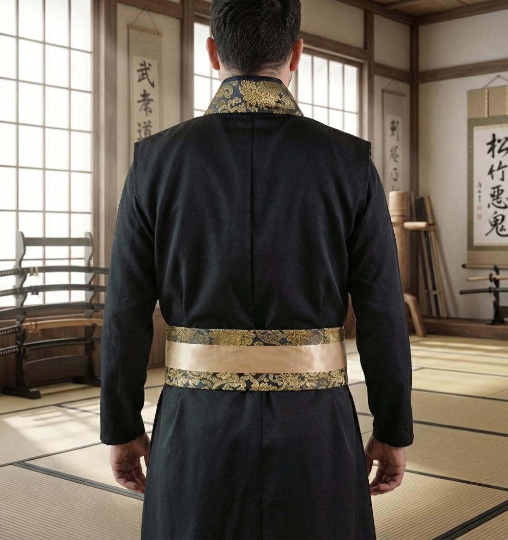 Black Gold Mens Hanfu Samurai Kimono Cosplay Costume Martial Arts Robe ...