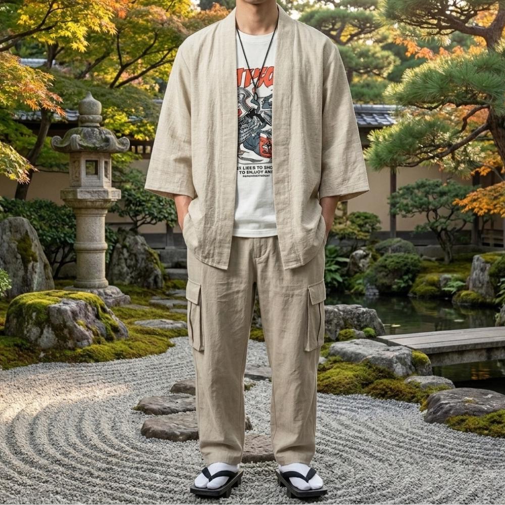 Kimono japonais pour homme - Chemise et pantalon en coton et lin - Style 6, multicolore, taille unique