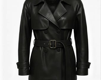 Schwarzer Leder Kurzer Trenchcoat für Damen | Zweireihige Gürteljacke | Custom Fit Blazer.