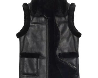 Men's Shearling Lambskin Leather Vest | Black Fur Lined Waistcoat.
