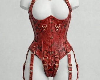 Arnés corsé de piel de serpiente roja – Faja reductora gótica con tirantes ajustables