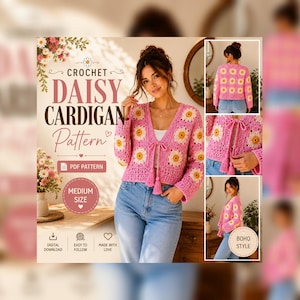 Può includere: Un modello di cardigan all'uncinetto a margherita rosa. Il cardigan presenta uno scollo a V, maniche lunghe e chiusura con lacci. Il modello è disponibile come download digitale in taglia media, in stile boho.