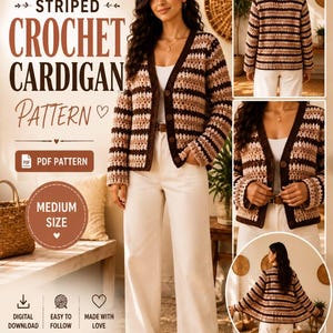 Striped Crochet Cardigan Pattern PDF, Granny Stripe Sweater Pattern, Boho Crochet Jacket, Womens Cardigan Tutorial, Instant Download