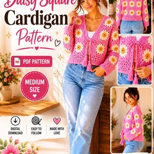 Oma Square Strickjacke PDF, Boho Blumen Häkelanleitung, einfache Damen Häkeljacke, digitaler Download