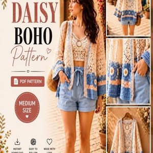 Daisy Boho Virkad Kofta Mönster PDF, Mormor Fyrkantig Kofta Mönster, Blommig Spets Virkad Kimono, Boho Överdrag Digital Nedladdning