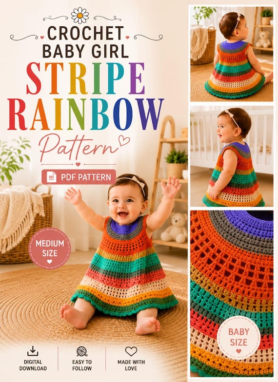 Crochet Baby Girl Rainbow Stripe Dress Pattern, Sunset Meadow Flare Design (Digital Download)