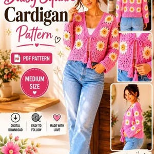 Granny Square Cardigan PDF, Boho Flower Crochet Pattern, Easy Womens Crochet Jacket, Digital Download