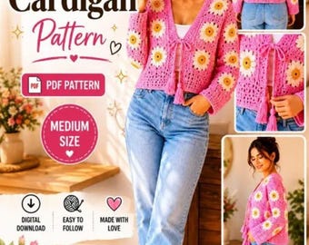 Granny Square Cardigan PDF, Boho Flower Crochet Pattern, Easy Womens Crochet Jacket, Digital Download