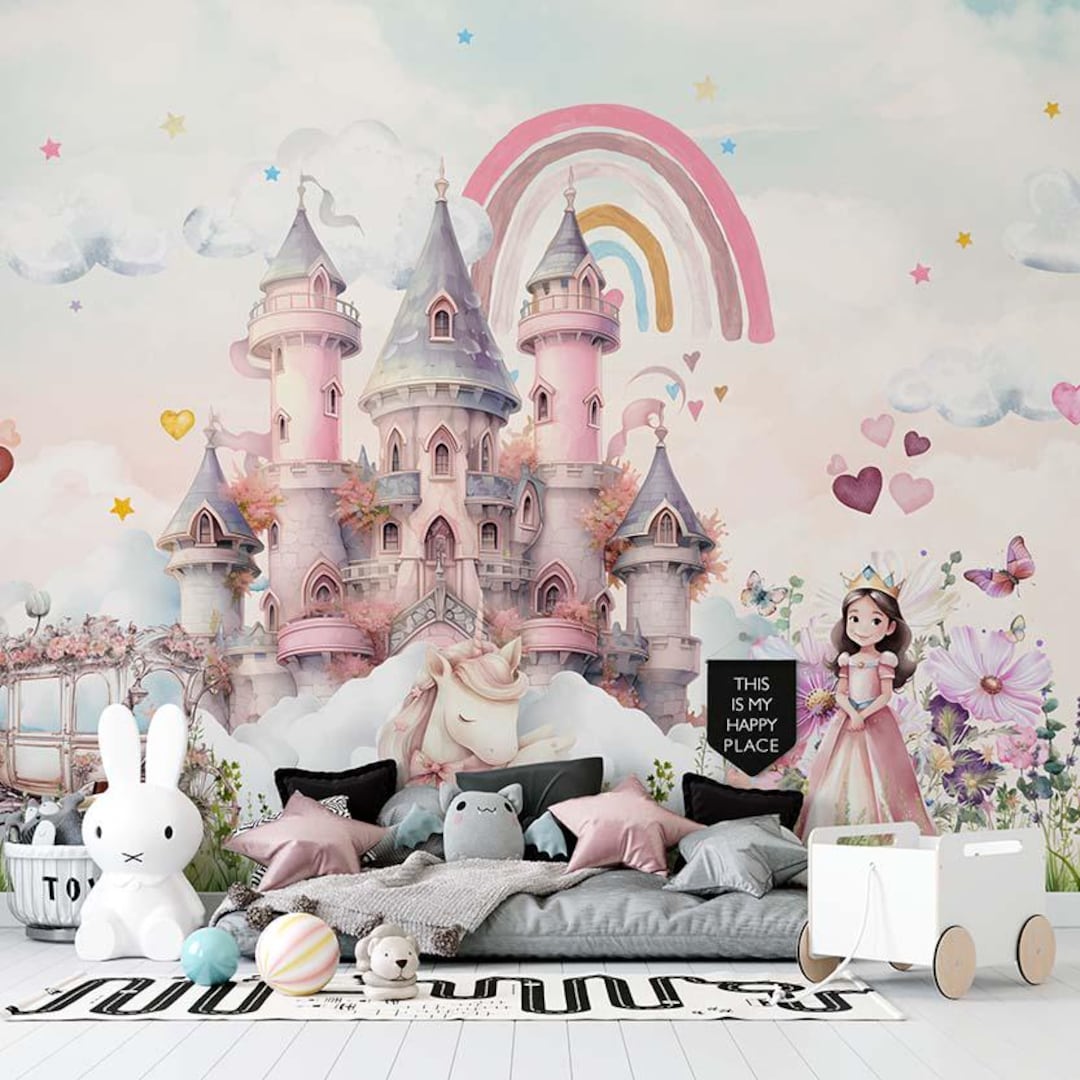 Fairy Tale Castle Wallpaper • Princess Unicorn Rainbow Mural - Etsy