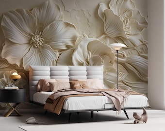 May include: A bedroom scene featuring a bed with a white headboard and bedding in neutral tones. The wall behind the bed is adorned with large, textured floral art in cream and beige. A modern floor lamp and side table complete the decor.