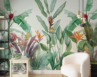Papel de parede com folhagem tropical • Mural de parede com a ave-do-paraíso
