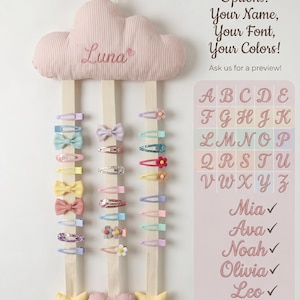 Gepersonaliseerde houder voor babyhaar, aangepaste naam wolk organisator, wanddecoratie kinderkamer voor babymeisje, haarstrikopslag, kraamcadeau