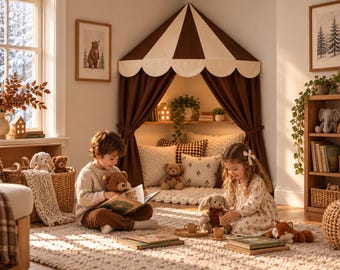 Chocolate Brown Reading Nook Canopy, Kids Corner Tent, Circus Style Playroom Decor, Cozy Book Nook, Nursery Canopy, Fall Winter Decor