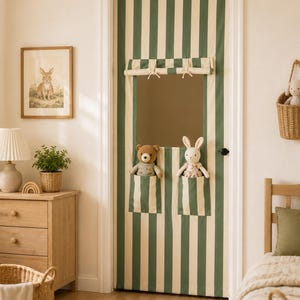 Green Striped Doorway Play Curtain, Kids Puppet Theater Door Cover, Montessori Playroom Decor, Toy Storage Pockets, Custom Size