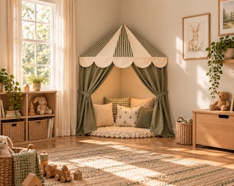 Sage Green Reading Nook Canopy, Gingham Kids Corner Tent, Montessori Book Nook, Vintage Circus Nursery Decor, Playroom Canopy