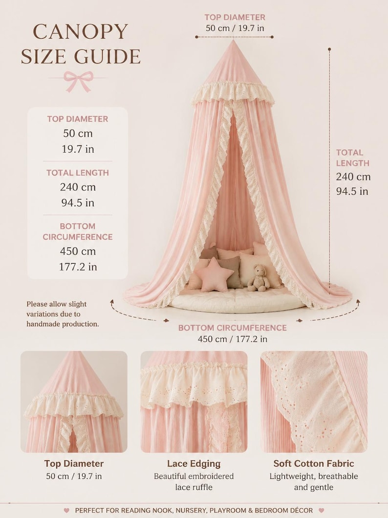 K&ouml;nnte beinhalten: Ein rosa Stoffhimmel mit spitzenbesetztem Oberteil. Die Ma&szlig;e betragen 50 cm Durchmesser oben, 240 cm Gesamtl&auml;nge und 450 cm Umfang unten. Der Text enth&auml;lt CANOPY SIZE GUIDE sowie Angaben zu TOP DIAMETER, TOTAL LENGTH und BOTTOM CIRCUMFERENCE.