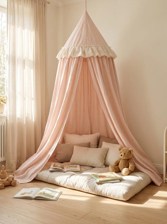 Handmade Pink Stripe Princess Canopy, Lace Ruffle Nursery Decor