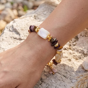 Mookaiet jaspis armband boho natuursteen armband gouden kralen armband schelp bedel sieraden cadeau voor haar