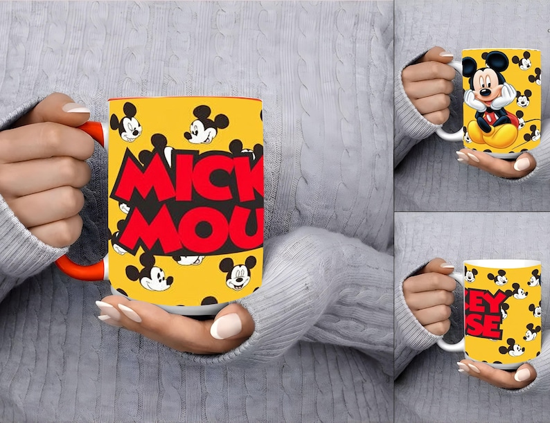 Peut inclure: Un mug en c&eacute;ramique avec un fond jaune vif orn&eacute; d'un motif r&eacute;p&eacute;titif de visages de Mickey Mouse et du texte "MICKEY MOUSE" en grandes lettres rouges. Le mug poss&egrave;de une anse orange unie et un int&eacute;rieur blanc, affichant un design &eacute;clatant.