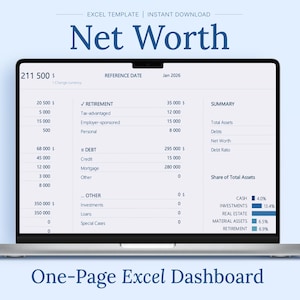 Könnte beinhalten: Ein Laptop-Bildschirm zeigt ein Finanz-Dashboard mit dem Titel "Net Worth". Die Excel-Vorlage zeigt Aufschlüsselungen der Vermögenswerte, Schulden und eine Zusammenfassung mit Diagrammen. Der Text enthält "One-Page Excel Dashboard."