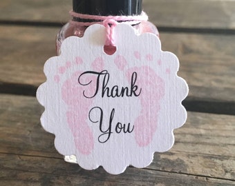 Pink Baby Shower Favor Thank You Footprint Tags, Nail Polish Tag, Small Favor Label, Set of 12