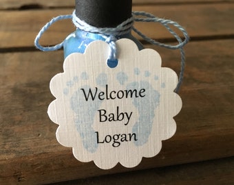 Personalized welcome baby blue footprint baby shower favor tags