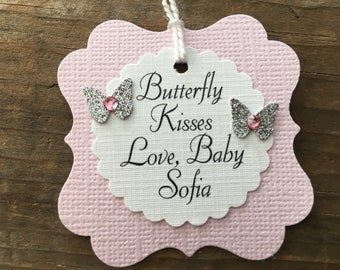 Pink Butterfly Kisses Baby Tag, Personalized Butterfly Baby Shower Tag, Pink and Silver Baby Shower, Baby Party Favor Label, Set of 12