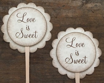 Rustic Love Is Sweet Cupcake Toppers - Rustic Bridal Shower - Cupcake Picks - Bridal Shower Toppers - Wedding Decor - Set of 12