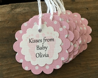 Kisses From Baby Tag, Pink Baby Shower Footprint Tag, Polka Dot Tag, Baby Kisses Shower Label, Set of 12
