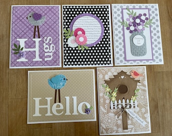 Flower and Bird Friendship Card Set, Handmade Hello Assortment Greeting Cards, All Occasion Cards, Set of 5