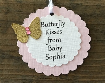 Pink Butterfly Kisses Baby Shower Favor Tag, Pink and Gold Personalized Butterfly Baby Shower Tag, Set of 12