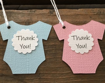 Baby Thank You Tags, Gender Reveal Party, Bodysuit Favor Tags, Blue and Pink Baby Shower Favor Labels, Set of 12