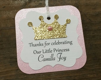 Personalized Princess Tag, Thanks For Celebrating Our Little Princess, Gold Crown, Pink and Gold Baby Shower, First Birthday, Set of 12