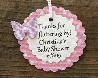 Personalized Thanks For Fluttering By Tags, Butterfly Baby Shower, Pink Polka Dot, Butterfly Thank You Tag, Baby Shower Favor Tag, Set of 12