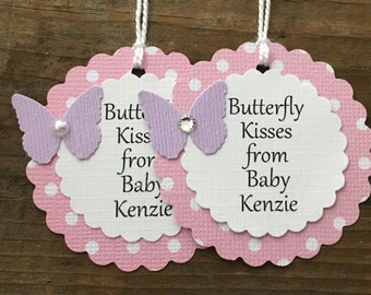 Pink Polka Dot Butterfly Kisses Favor Tag, Pink and Purple Personalized Butterfly Baby Shower Tag, Set of 12