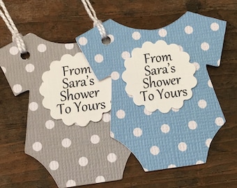 Personalized From My Shower To Yours Tags, Blue Gray Polka Dot Thank You Tags, Baby Bodysuit Tags, Baby Shower Favor Labels, Set of 12