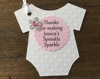 Baby Girl Sprinkle Shower Tag, Thanks For Making My Sprinkle Sparkle, Personalized Bodysuit Favor Tag, Pink Silver Gray Shower, Set of 12