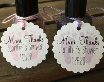 Mani thanks personalized pink and purple nail polish baby shower favor tag