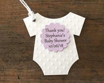 Personalized Baby Bodysuit Tags, Thank You Baby Tag, White And Purple Baby Tags, Purple Baby Shower, Thank You Favor Tags - Set of 12