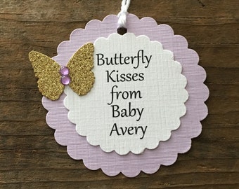 Butterfly Kisses Baby Shower Favor Tags, Personalized Purple Kisses From Baby Tag, Purple and Gold Baby Shower Decor, Set of 12