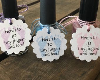 Here's to 10 tiny fingers and toes baby favor tag, pink blue and purple nail polish tag