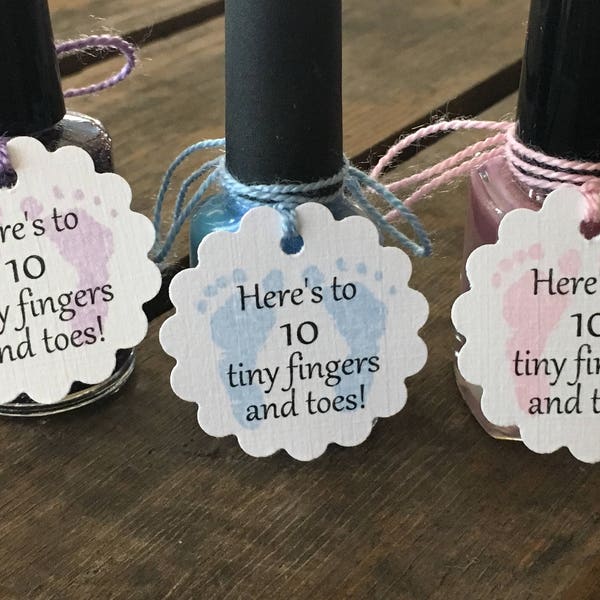 Here's to 10 tiny fingers and toes baby favor tag, pink blue and purple nail polish tag
