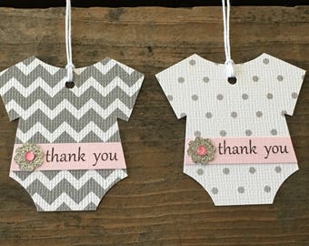 Baby Girl Favor Tag, Bodysuit Thank You Tags, Gray Silver Pink Baby Shower, Polka Dot Baby Tags, Favor Labels, Set of 12